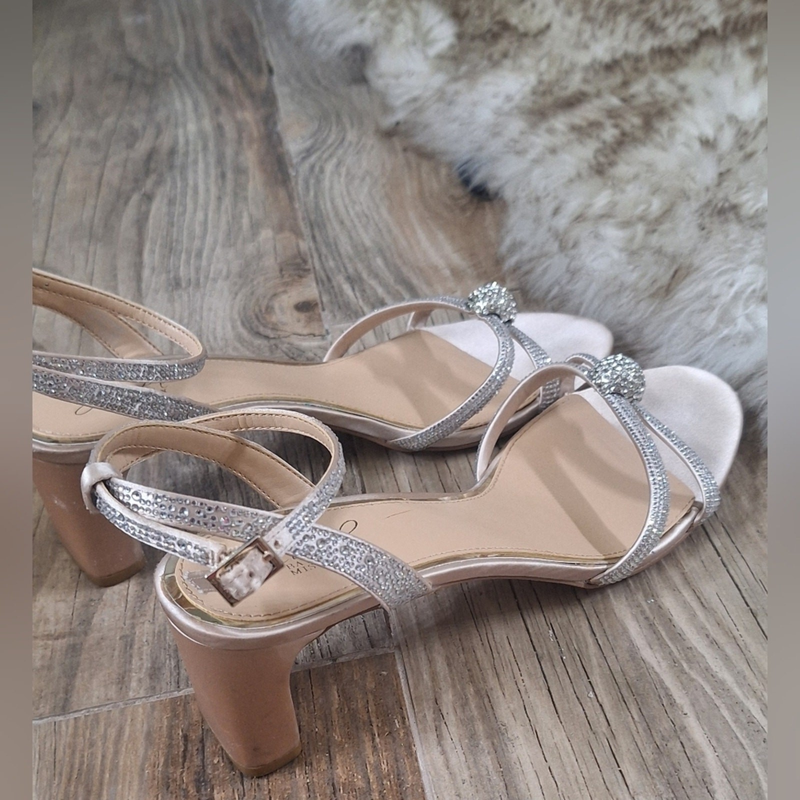 Badgley Mischka Blush Satin Rhinestone Strappy Block Heel Size 10 Sandals