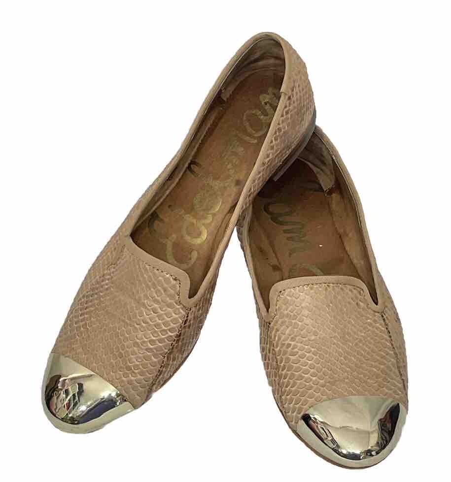 Sam Edelman Flats 7 M Gold Metallic Cap Toe Snakeskin Pattern Slip On