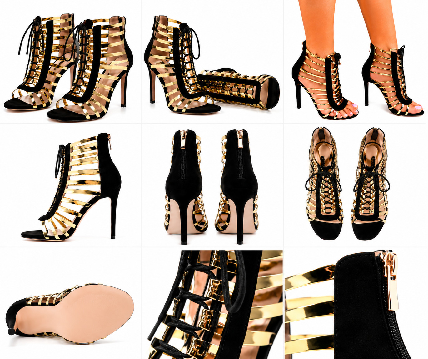 Hinyyrin Women’s Gold & Black Gladiator Stiletto Heels Lace-Up Open Toe Sandals
