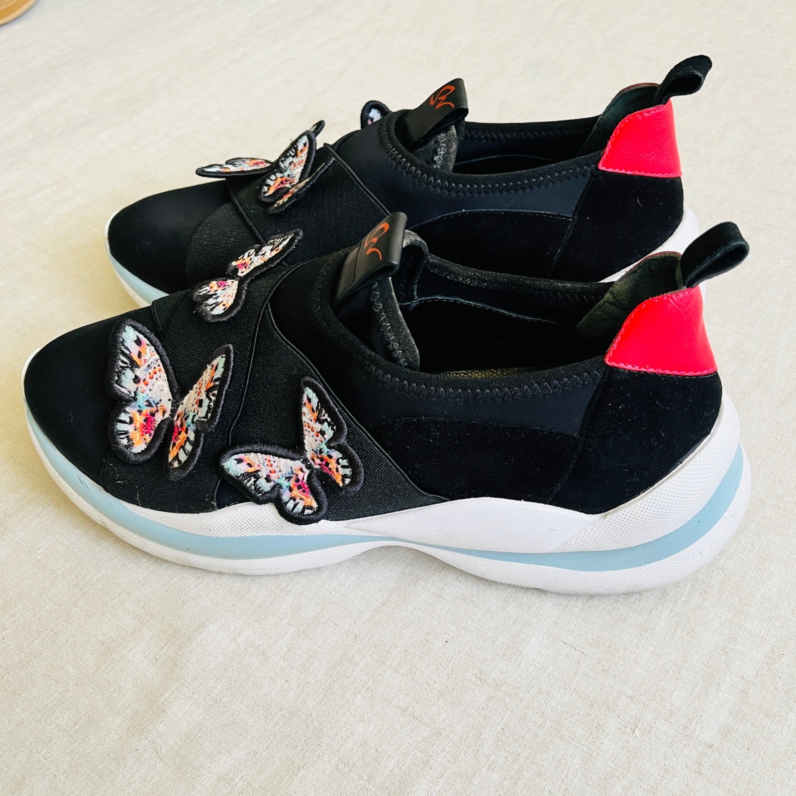 Sophia Webster Riva Embroidered Butterfly Sneakers Black Suede Neon Size 40