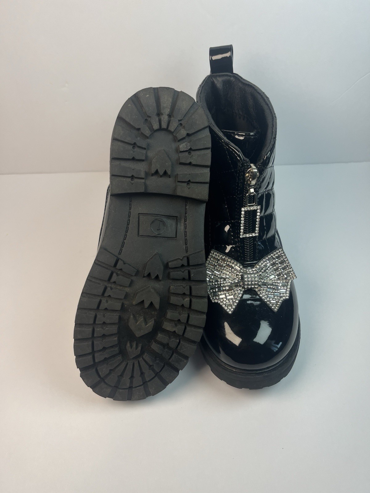 Women’s Black Patent Leather Quilted Ankle Booties, Zip Front Rhinestone Bow