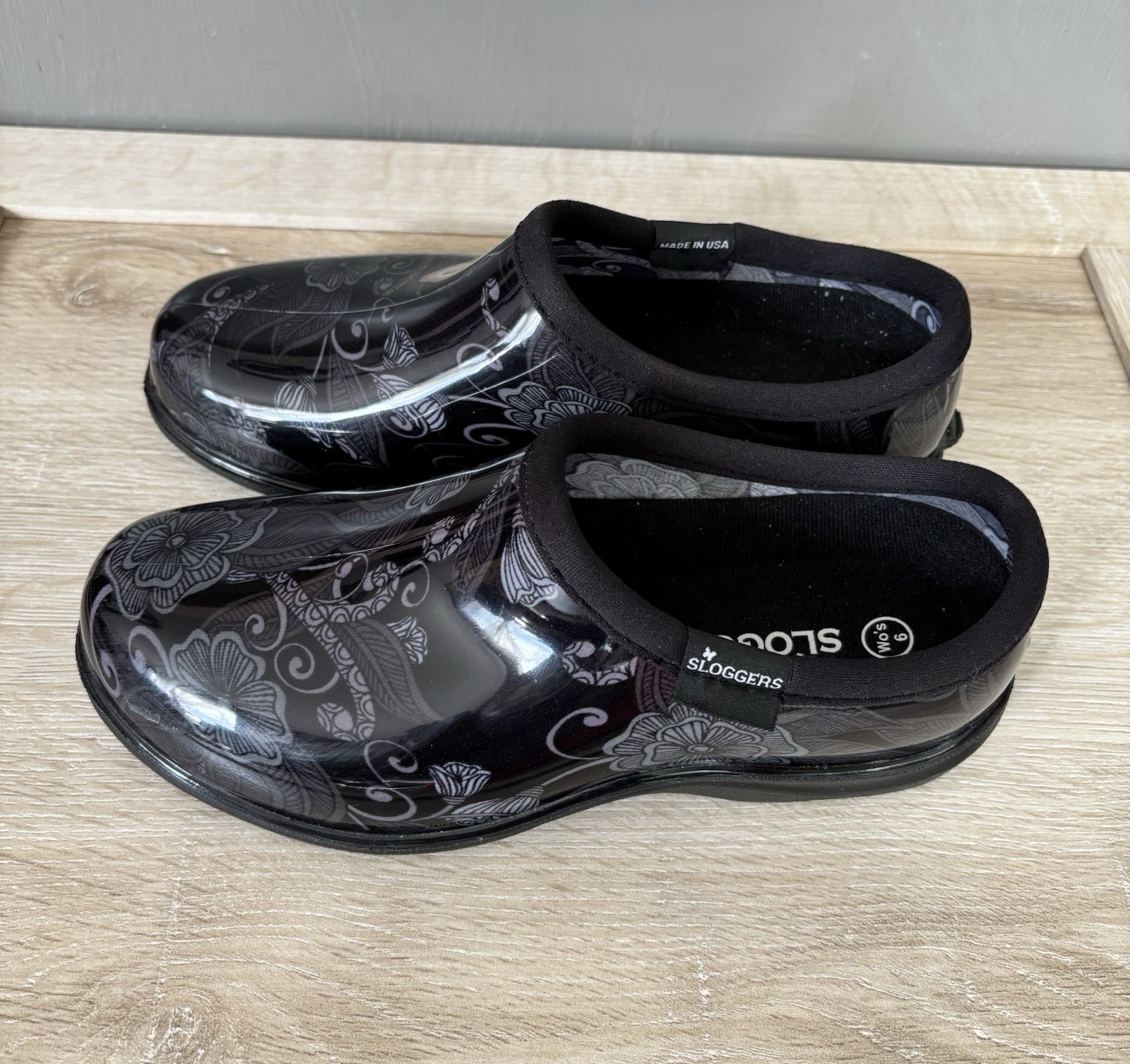 Women’s 6 Sloggers Black Boho Floral Slip On Clog Garden Rain Farm