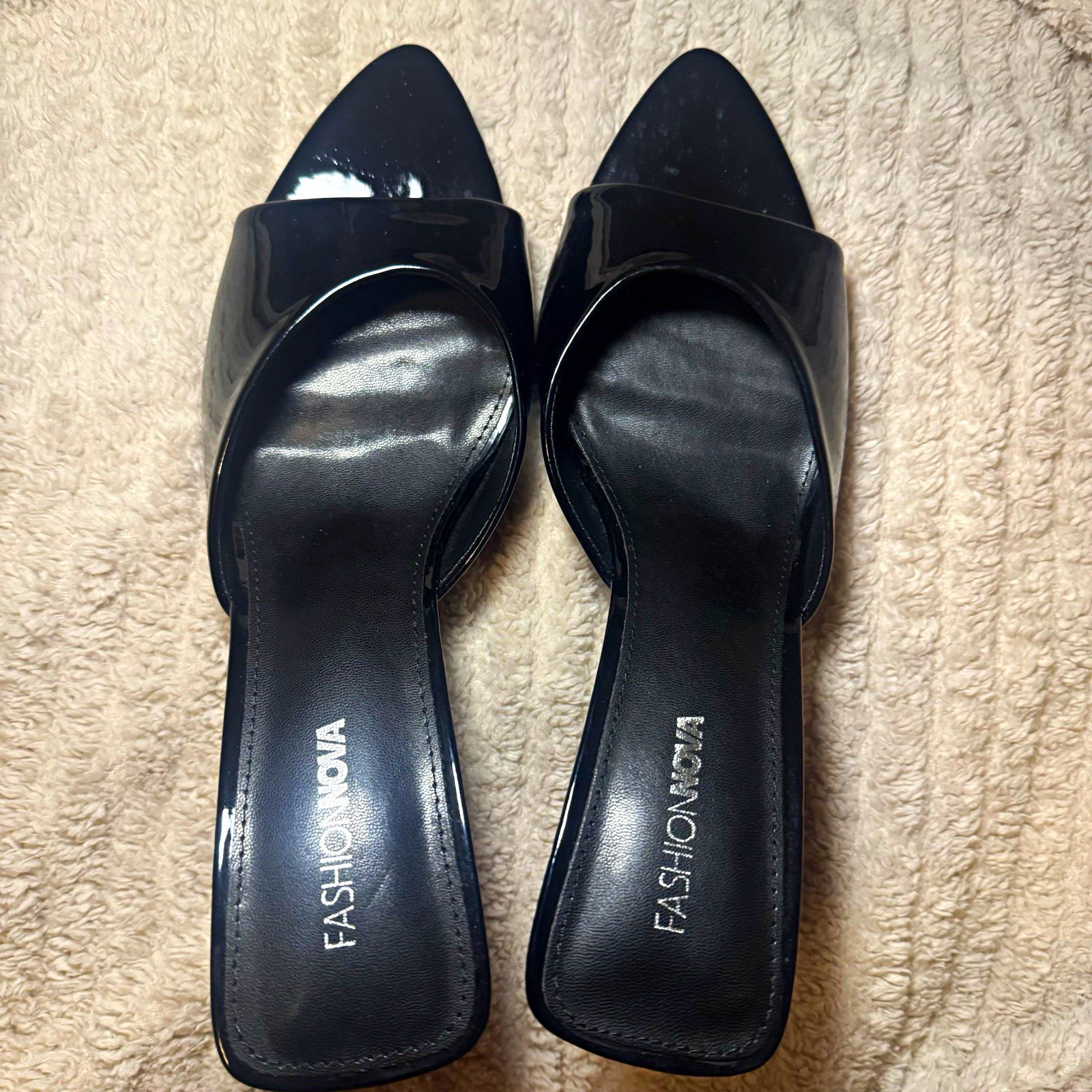Fashion Nova Women’s Black Patent Leather Pointed Toe Slip-On Mule Stiletto 10