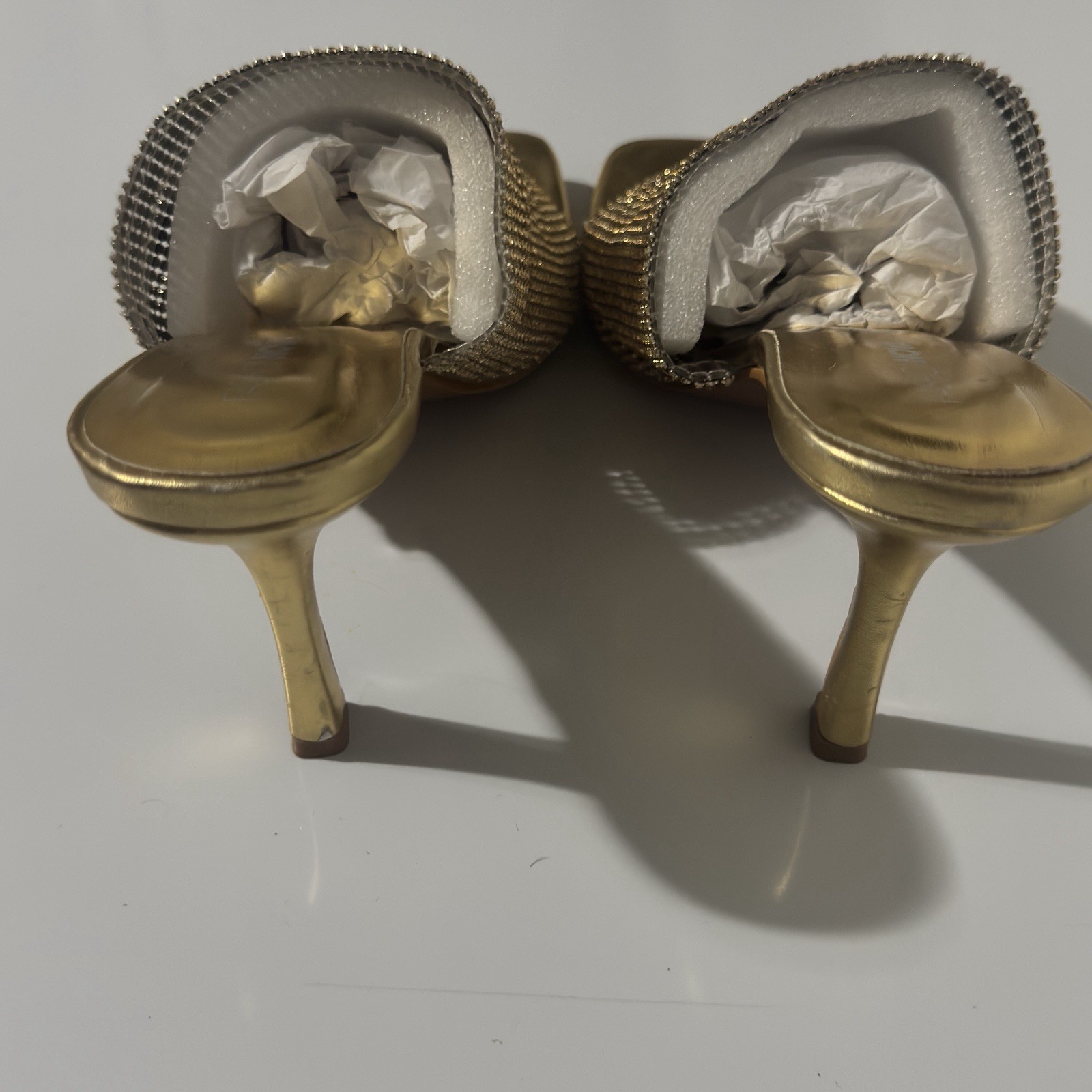 Size 10 – Fashion Nova Gold Rhinestone Slide Block Heel Sandals