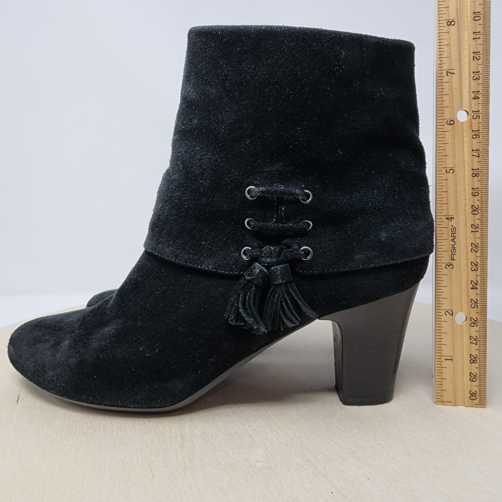 Ditto Vaneli Ankle Boots Womens Black Suede 8.5 Tassel Zip 2.5″ Stack Heel Boho