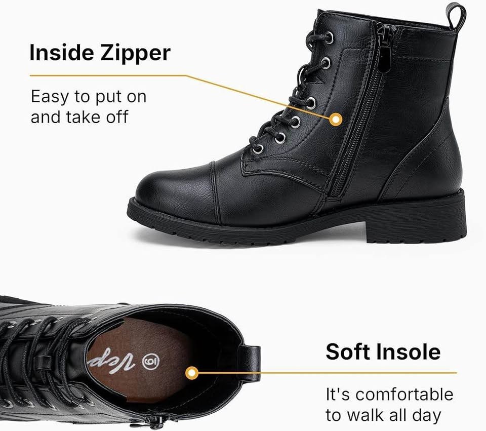 VEPOSE WOMENS ANKLE BOOTS COMBAT LACE UP BOOTIES WITH INSIDE ZIPPER Size 7 Black