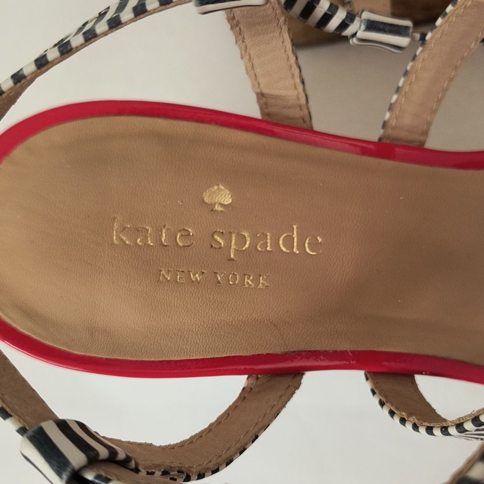 Kate Spade Tropez Striped Patent Leather Cork Wedges Sandal sz: 8.5M