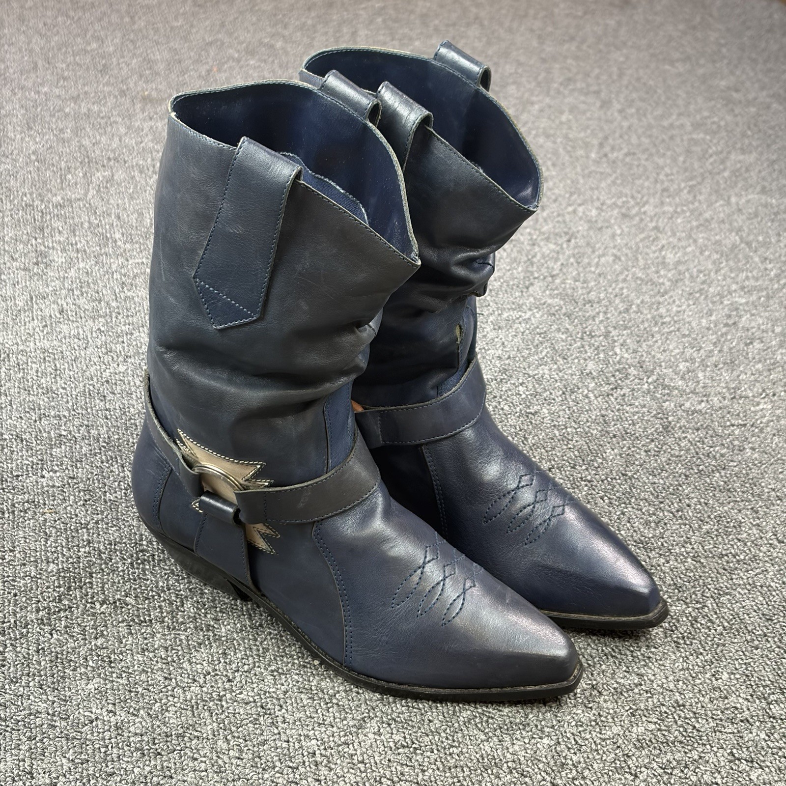 Vintage Dingo Sample Boots Womens 6 Blue Slouch Western Harness Distressed RARE