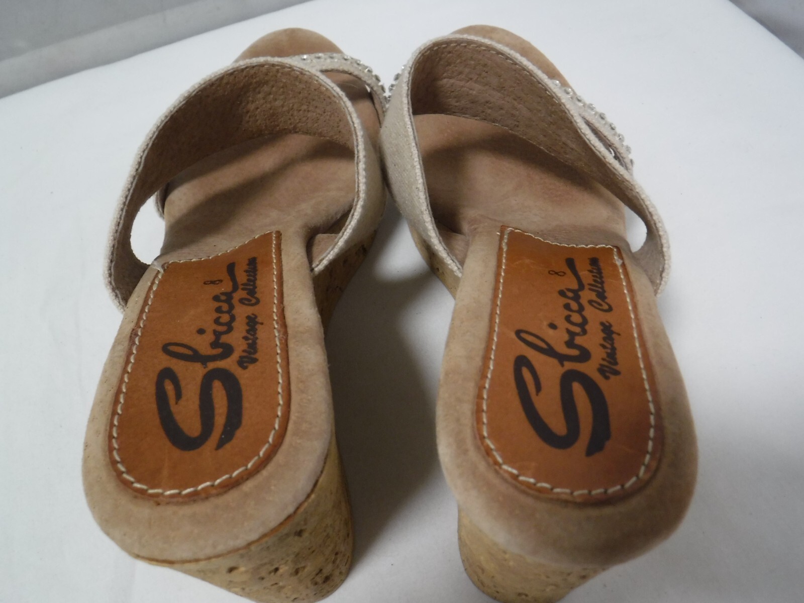 PF2 SBICCA Vintage Collection Cork Platform Beige Canvas Wedge Heel Sandals 8 39