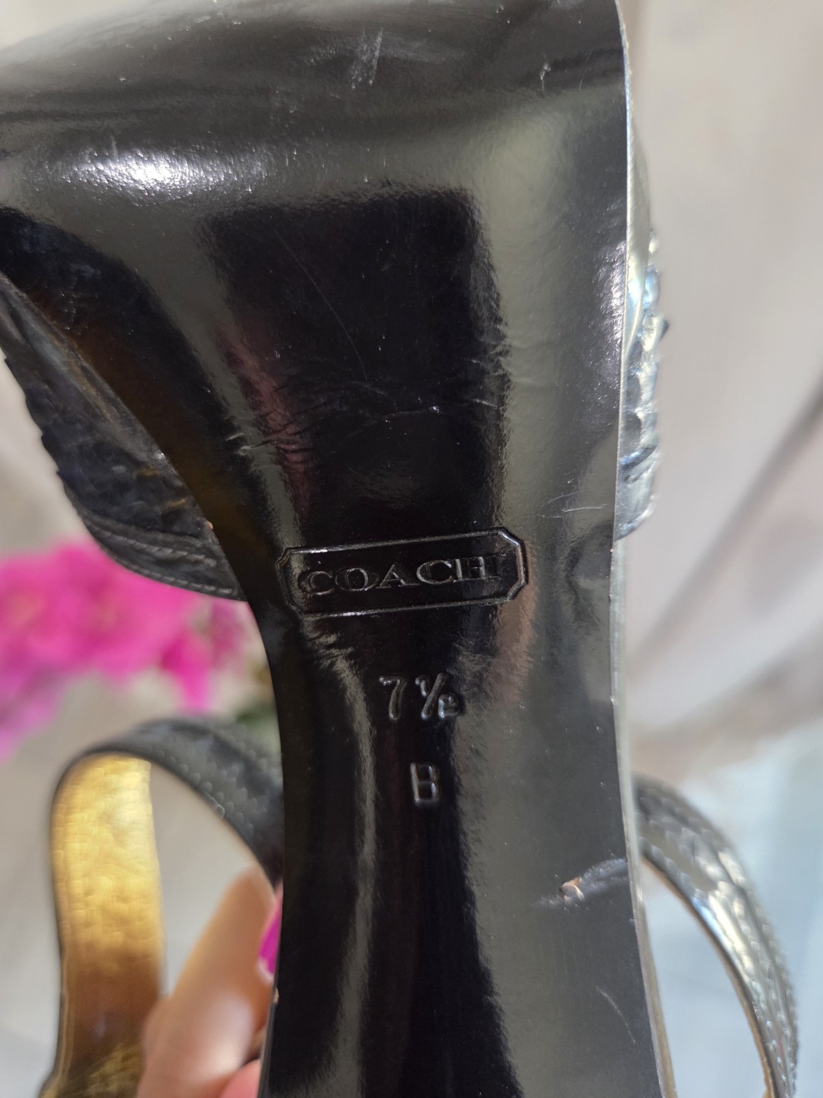 Coach Black Leather Croc Embossed Strappy Peep Toe Ankle Strap Buckle 7.5B