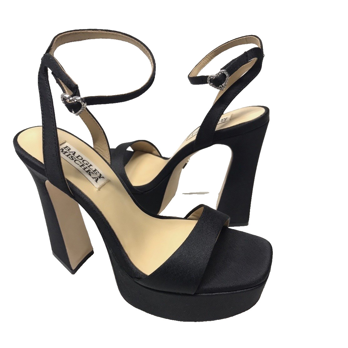 Badgley Mischka Caia Black Crepe Platform Sandals Embellished Heart NIB Size 11