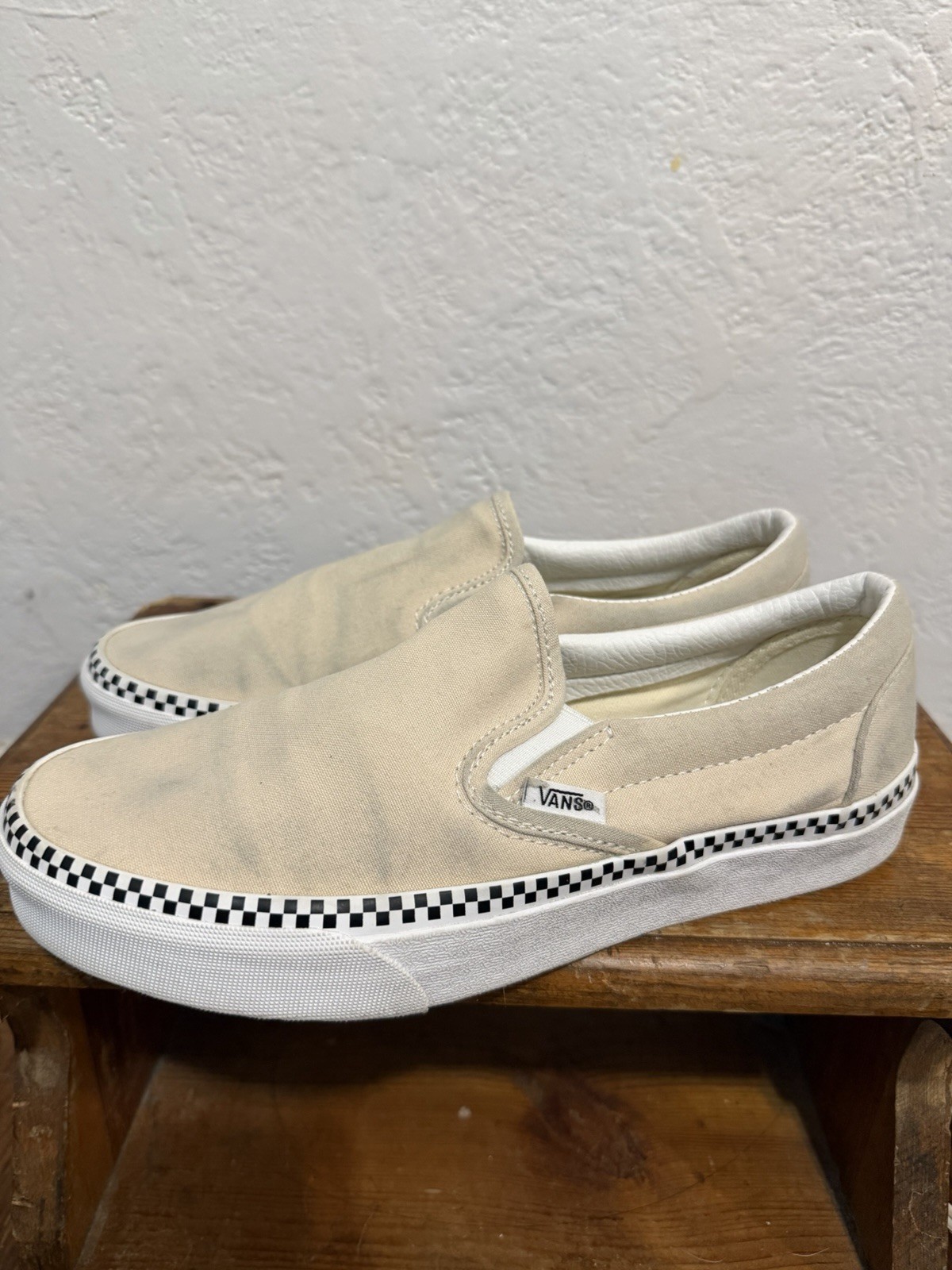 Vans Slip-On Cream Off White Checkerboard Trim Skate Shoes Y2K Gorpcore Size 8