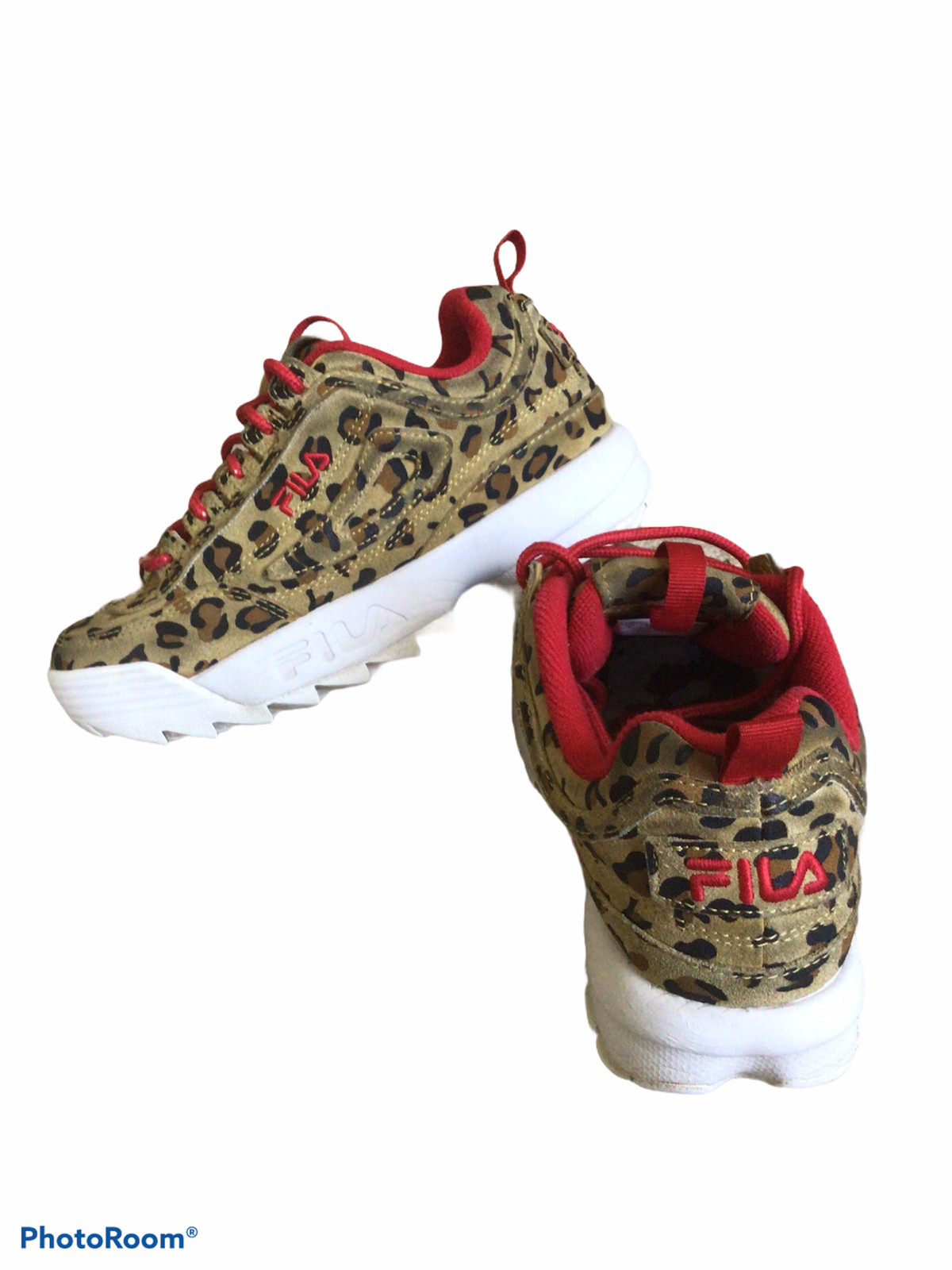 FILA Disruptor 2. YOUTH Size 4 Leopard print & Red Lace up leather/synthetic