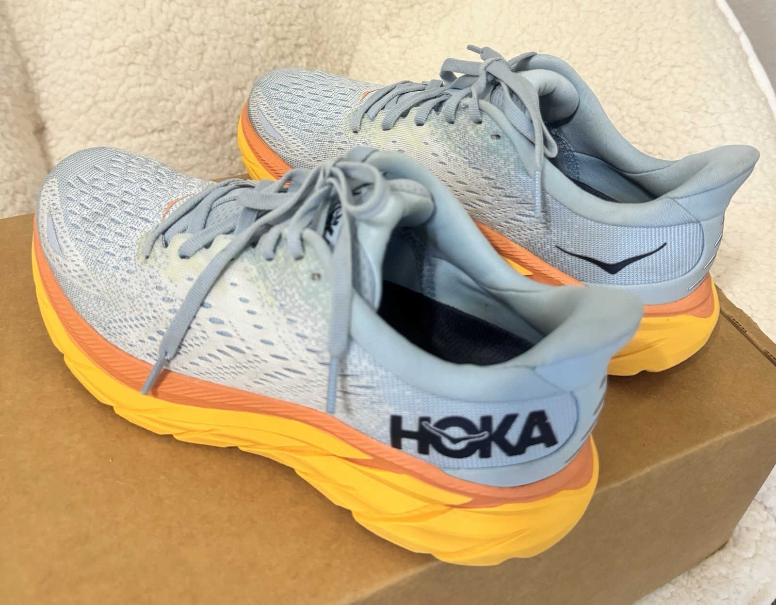 HOKA Clifton 8 Women’s Running Shoes L. Blue Orange Yellow Sneakers Size 7B US