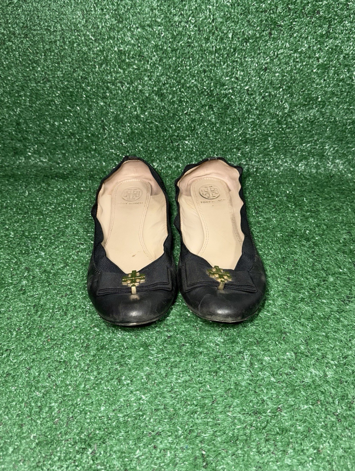 Tory Burch Shoes Women Size 9.5 Black Leather Gold Grosgrain Bow Sedgwick Ballet