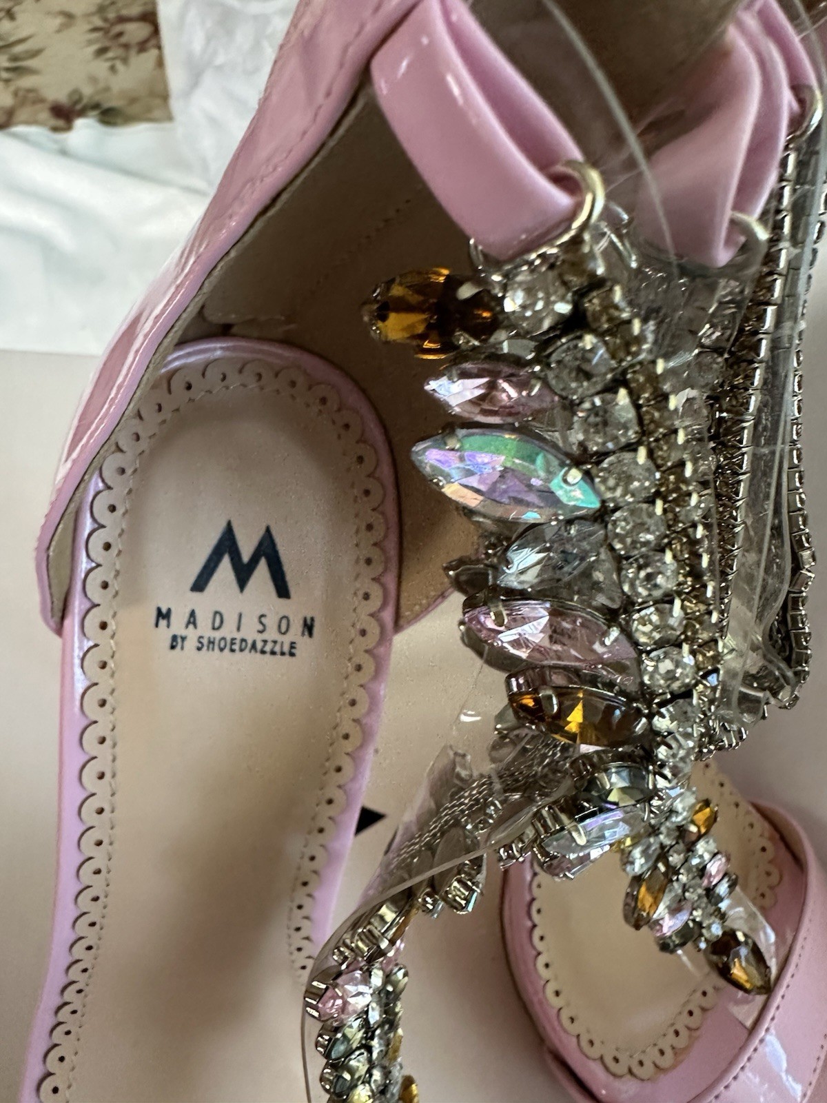 Madison by Shoedazzle Pink Patent Rhinestone Strappy Stiletto Sandals Zip 6.5