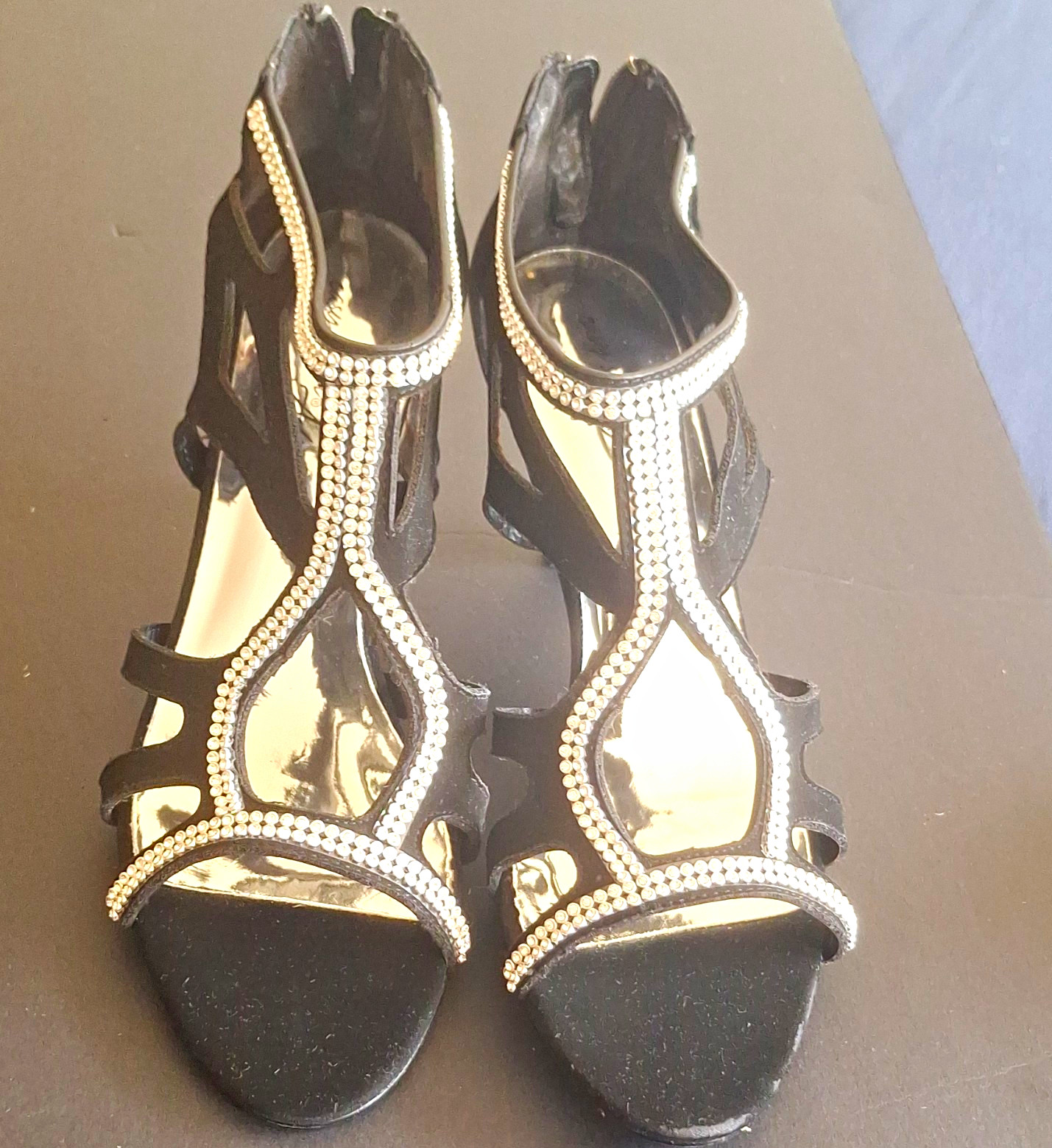 Women’s Black Rhinestone Strappy Ankle Strap Open Toe Zip Stiletto Heels 10W