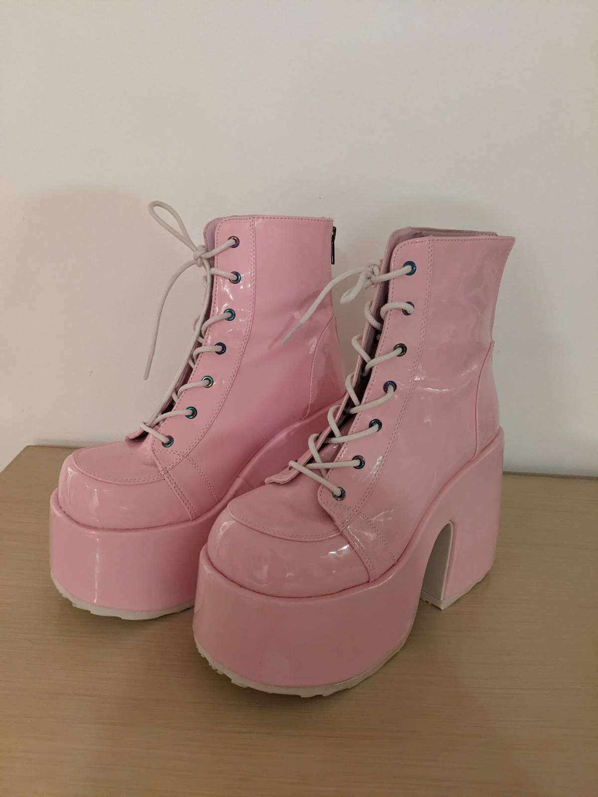Women’s Pink Patent Platform Ankle Boots Round Toe Lace Up Back Zip 10
