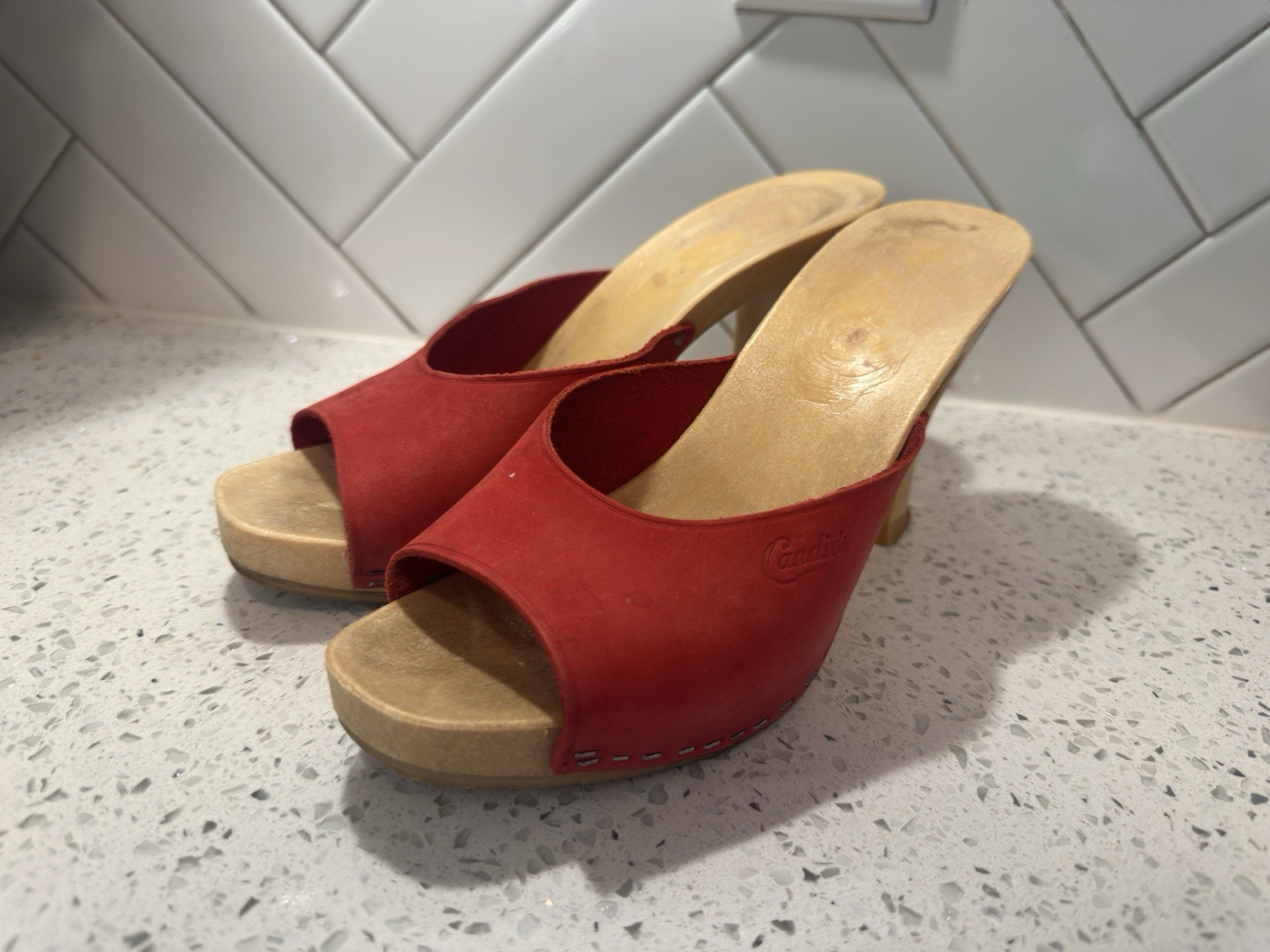 Vintage 1980s Candies Original Sandals High Heels Slides Red Leather 6 /37 Inbox