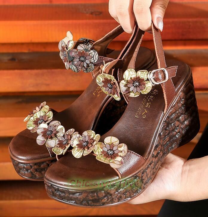 Women Floral Casual Retro Platform Wedge Heels Peep Toe Fashion Sandals Shoes