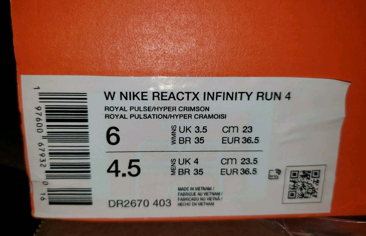 NEW Women’s SZ 6 NIKE ReactX Infinity Run 4 Running Shoes DR2670-403 ROYAL PULSE