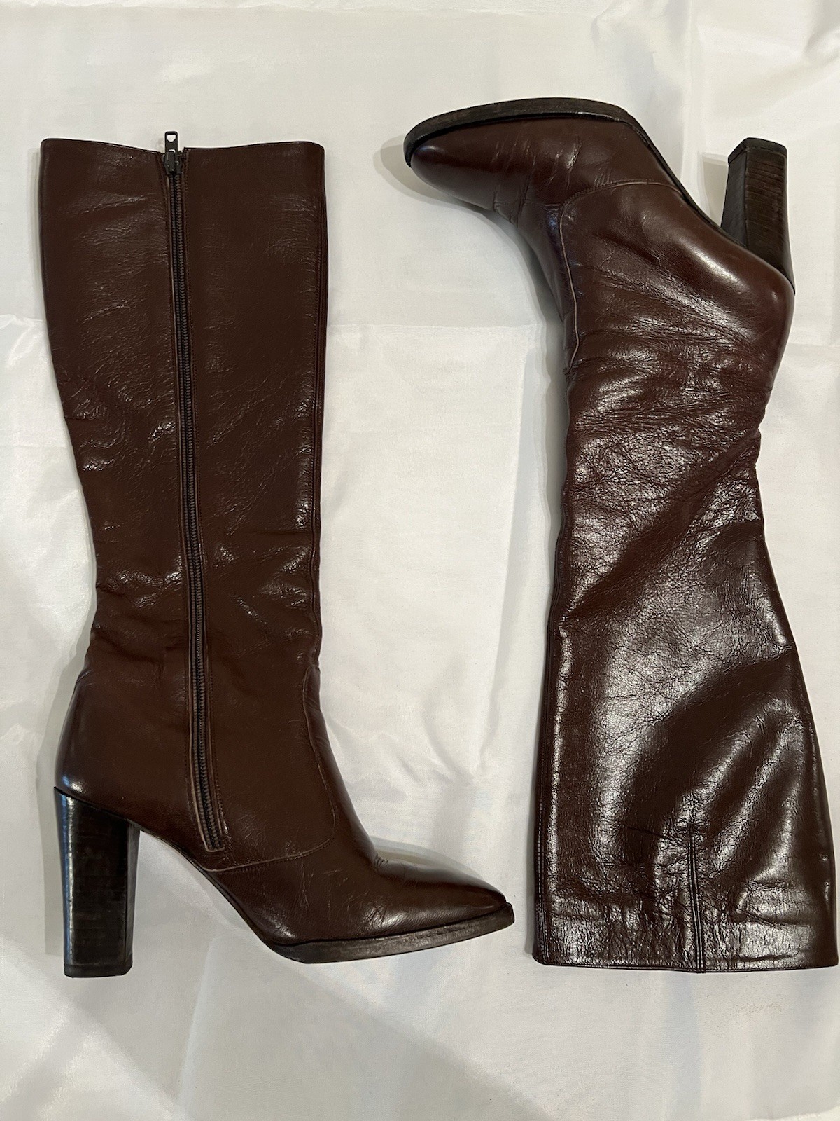 70s Vintage Halston Brown Leather Knee High Boots Womens 7M Block Heel Zip Italy