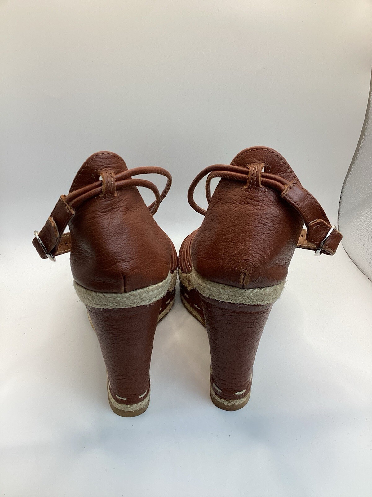 Brooks Brothers Size 9 Brown Leather Jute Espadrille Gum Sole Wedges