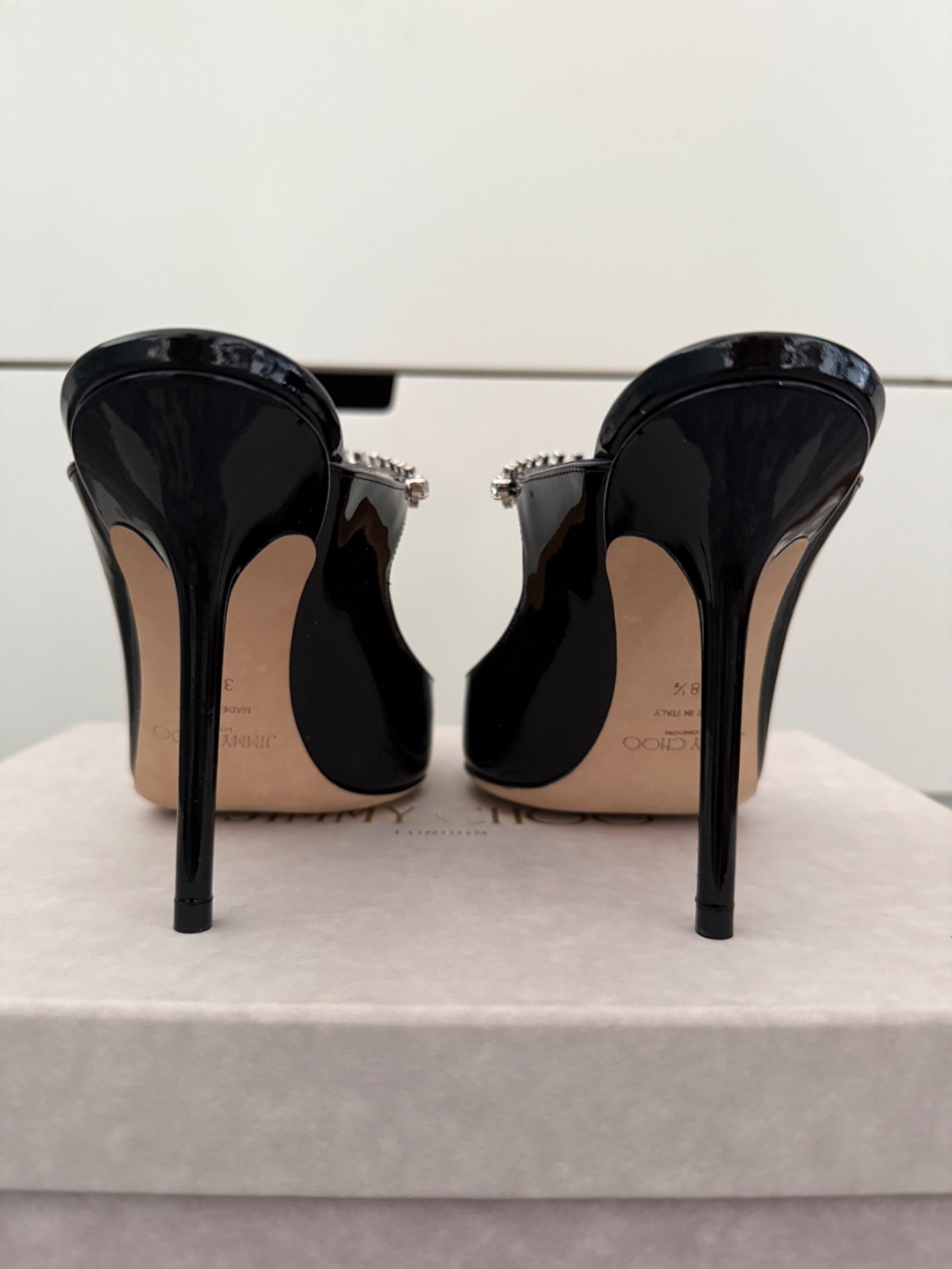 Jimmy Choo Bing 100 Black Patent Leather Heels with Crystal Strap in size 38.5
