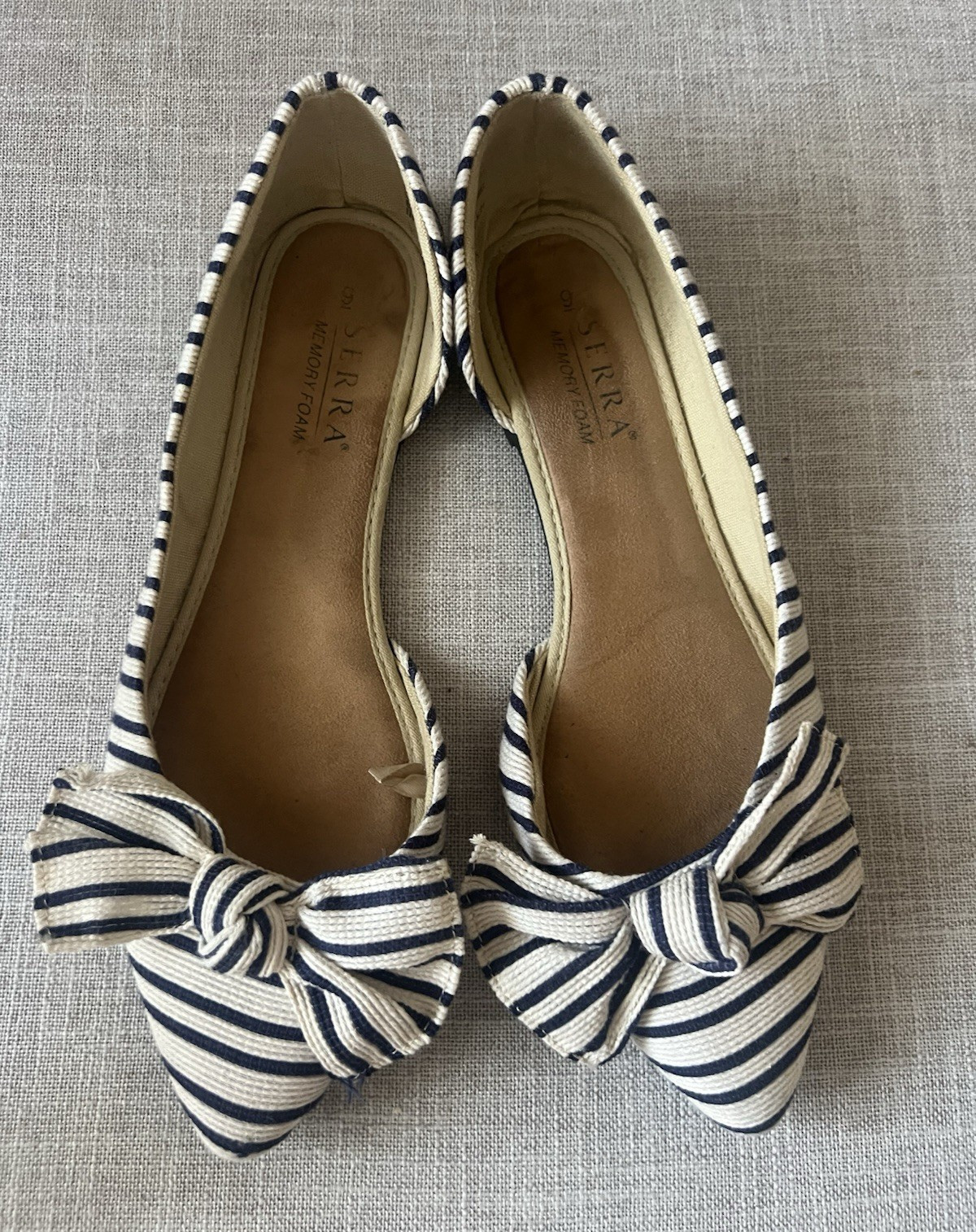 Serra Women’s Blue/White Striped Bow Slip-On Pointed Toe Flats Memory Foam US 9