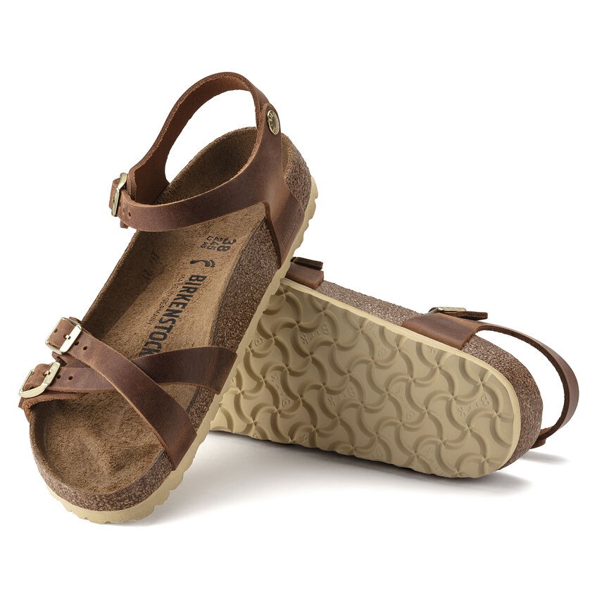 BIRKENSTOCK KUMBA COGNAC WAXY LEATHER MEDIUM/NARROW WIDTH CROSSED STRAPS SANDALS