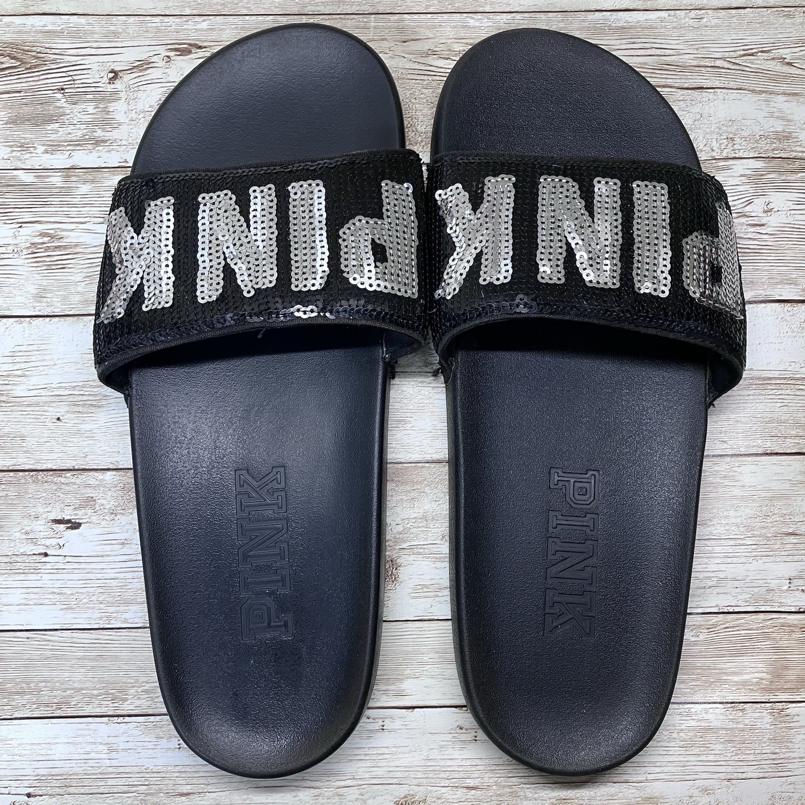 Victoria Secret Cushioned Black PINK Rhinestone Rubber Slides Womens XL