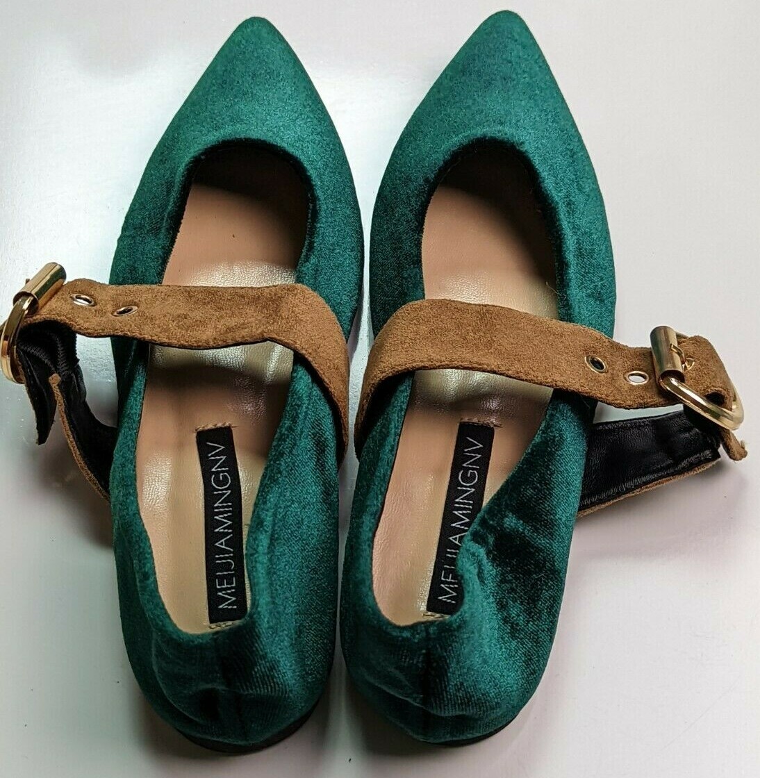 MEIJIAMINGNV Emerald Green Fabric Mary Jane Flats Brown Strap Size 230 US 6