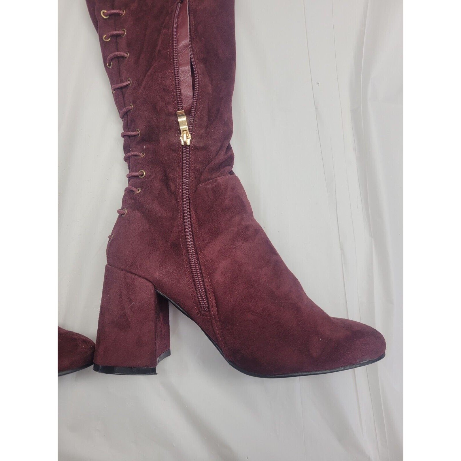 Indulge Size 7 Suede High Heel Over The Knee Boots Lace Up Zip Burgundy Maroon