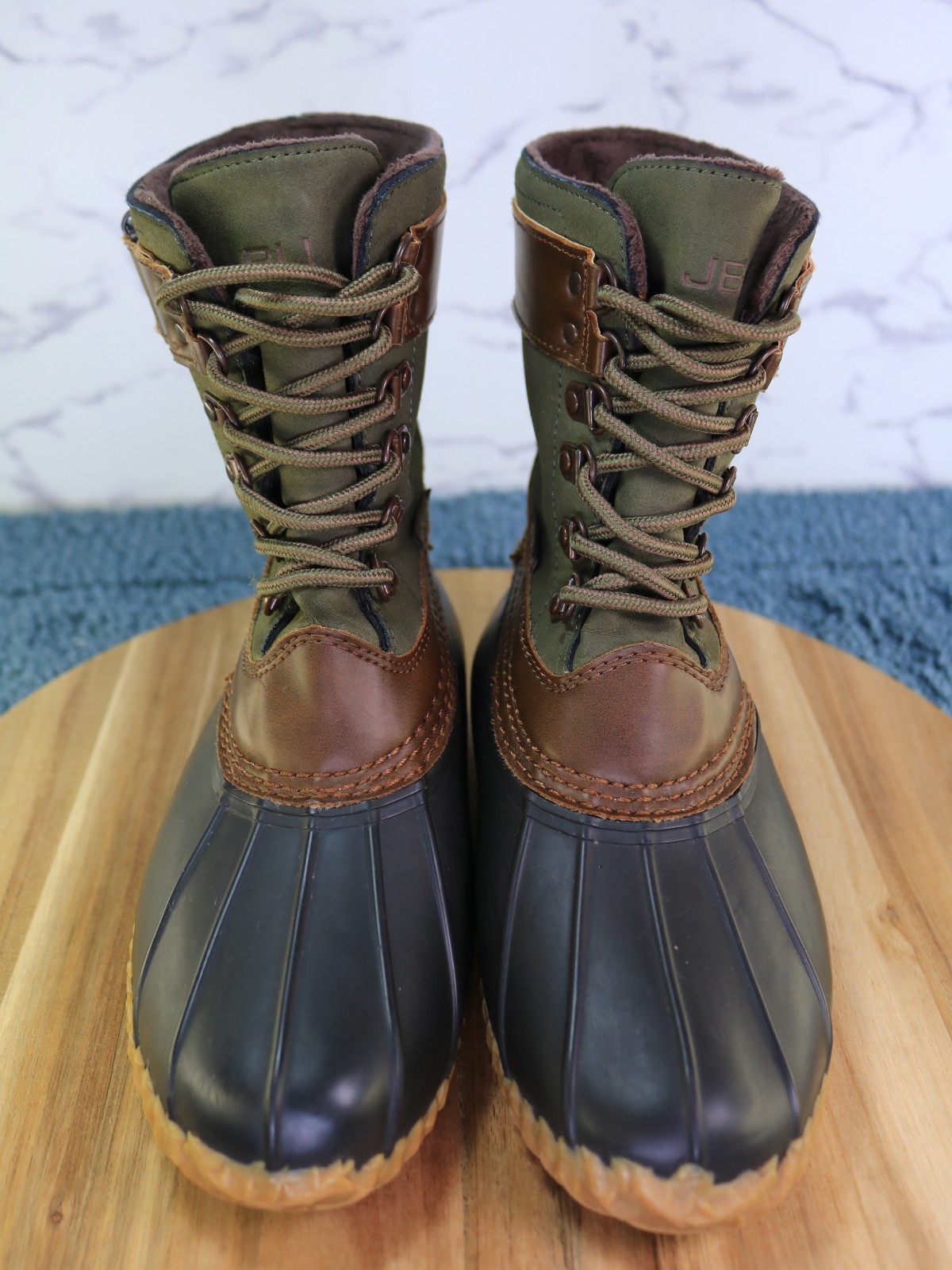 JBU Calgary Brown Green Black Lace Up Mid Calf Duck Work Rain Boot Women Sz 6.5M