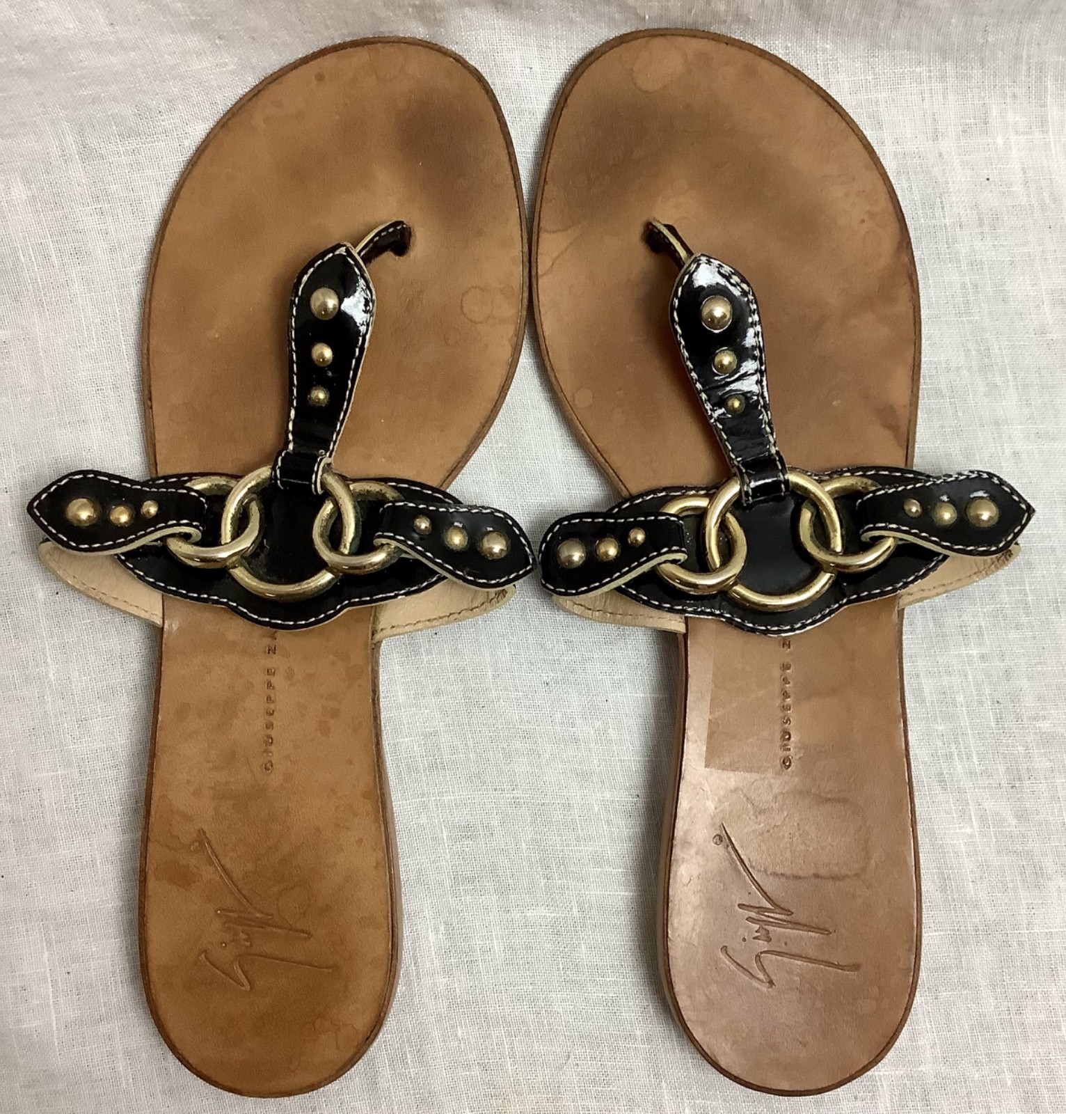 Giuseppe Zanotti Studded Ring Thong Sandals Black Patent Leather EU 37