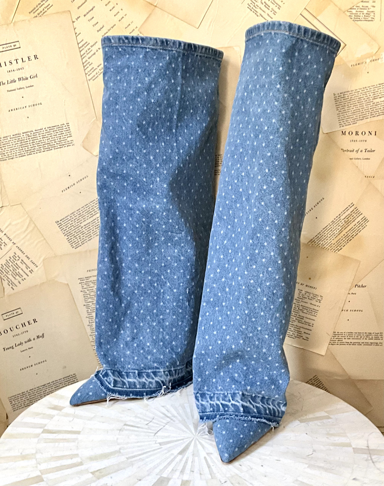 Anthropologie Custommade Anie Dotted Denim Boot Stiletto Heel Pointy 40/9 NEW