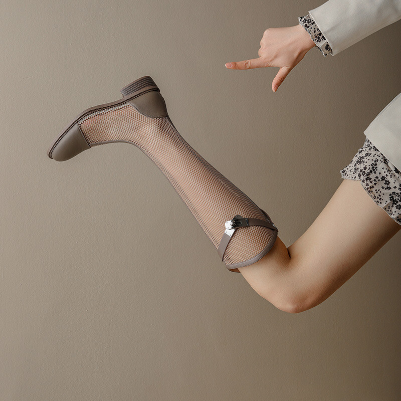Women Summer Low-Heeled Hollow Out Mesh Boots High Tube Back Zipper Boots