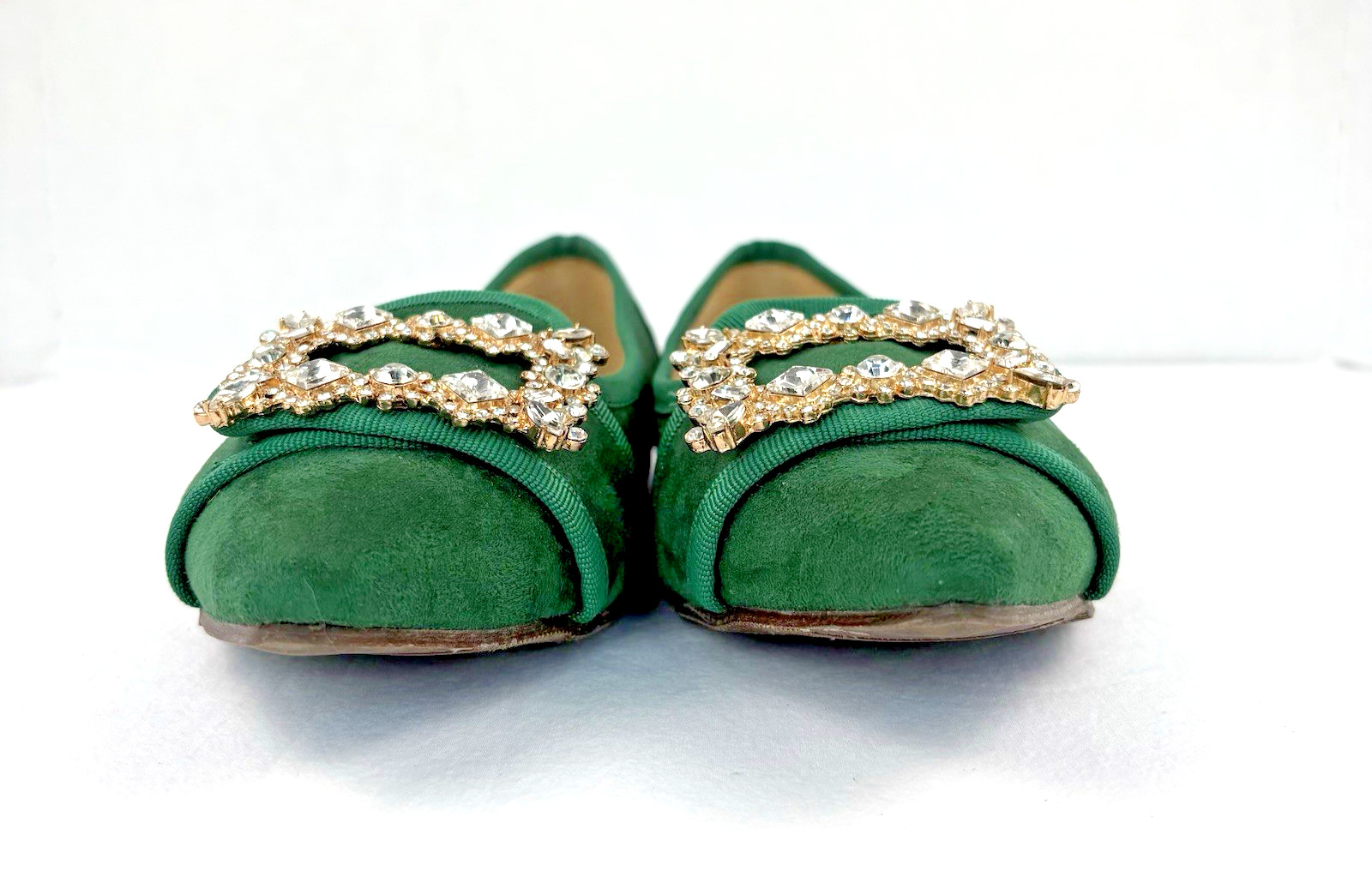 CHASE+CHLOE Kelly Green «James» Point Toe Flats Faux Suede Diamond Buckle Size 8