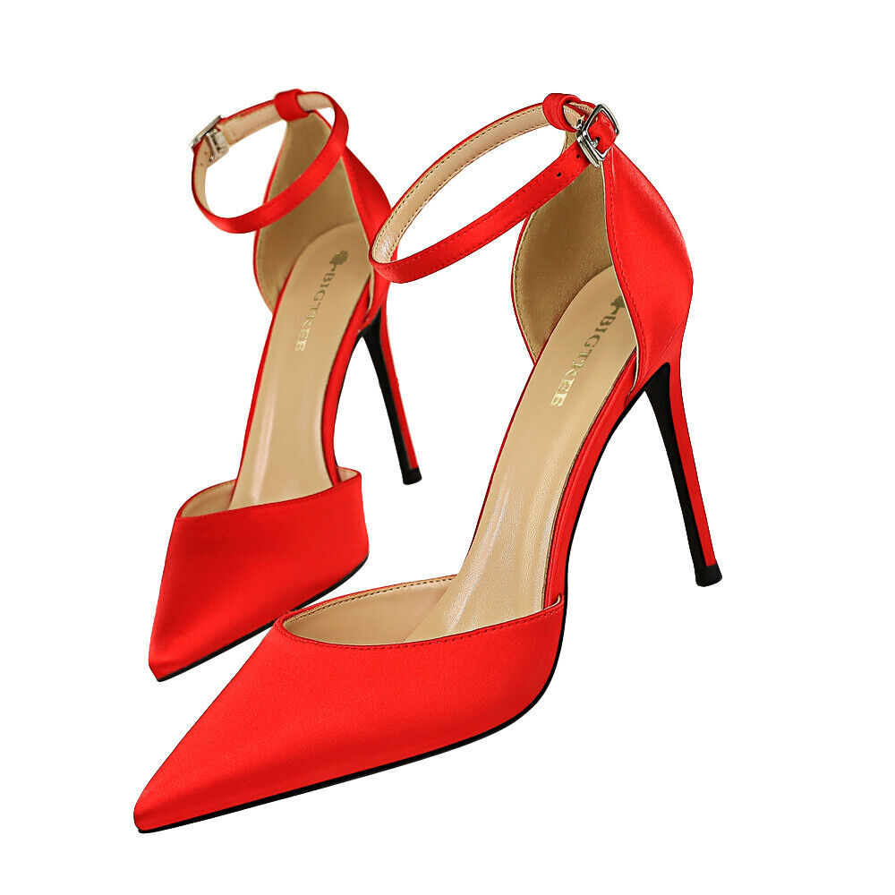 Women High-heeled Satin Ankle Strap Pointed Toe Sexy Nightclub Pump Sandals Shoe