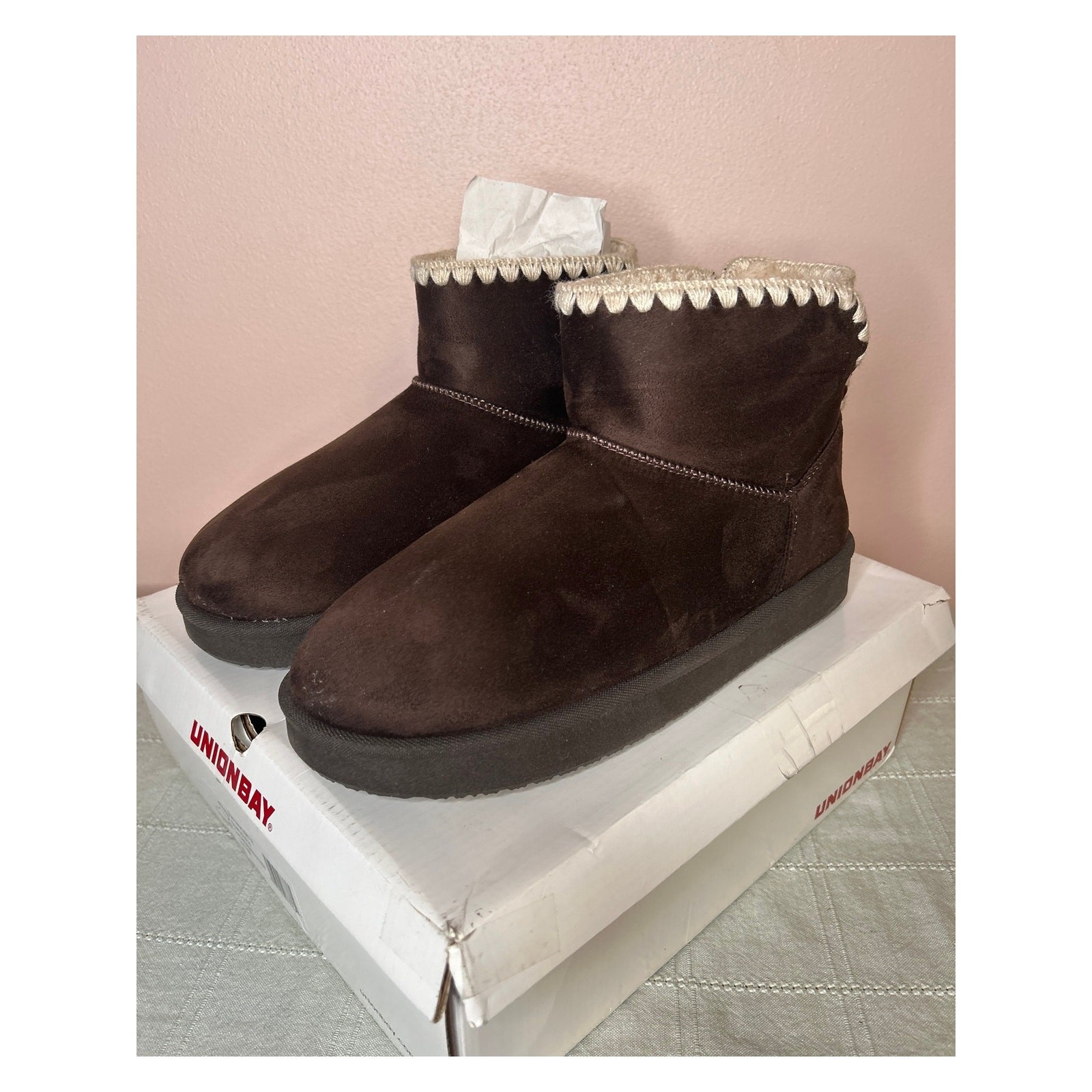 Unionbay Lisette Women’s Dark Brown Faux Suede Faux Fur Lined Ankle Boot Sz 11 M