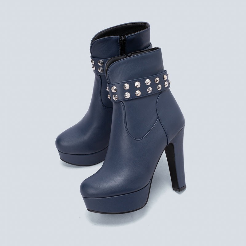 Womens Club Ankle Boots Block High Heels Platform Round Toe Zipper Rivets Shoes