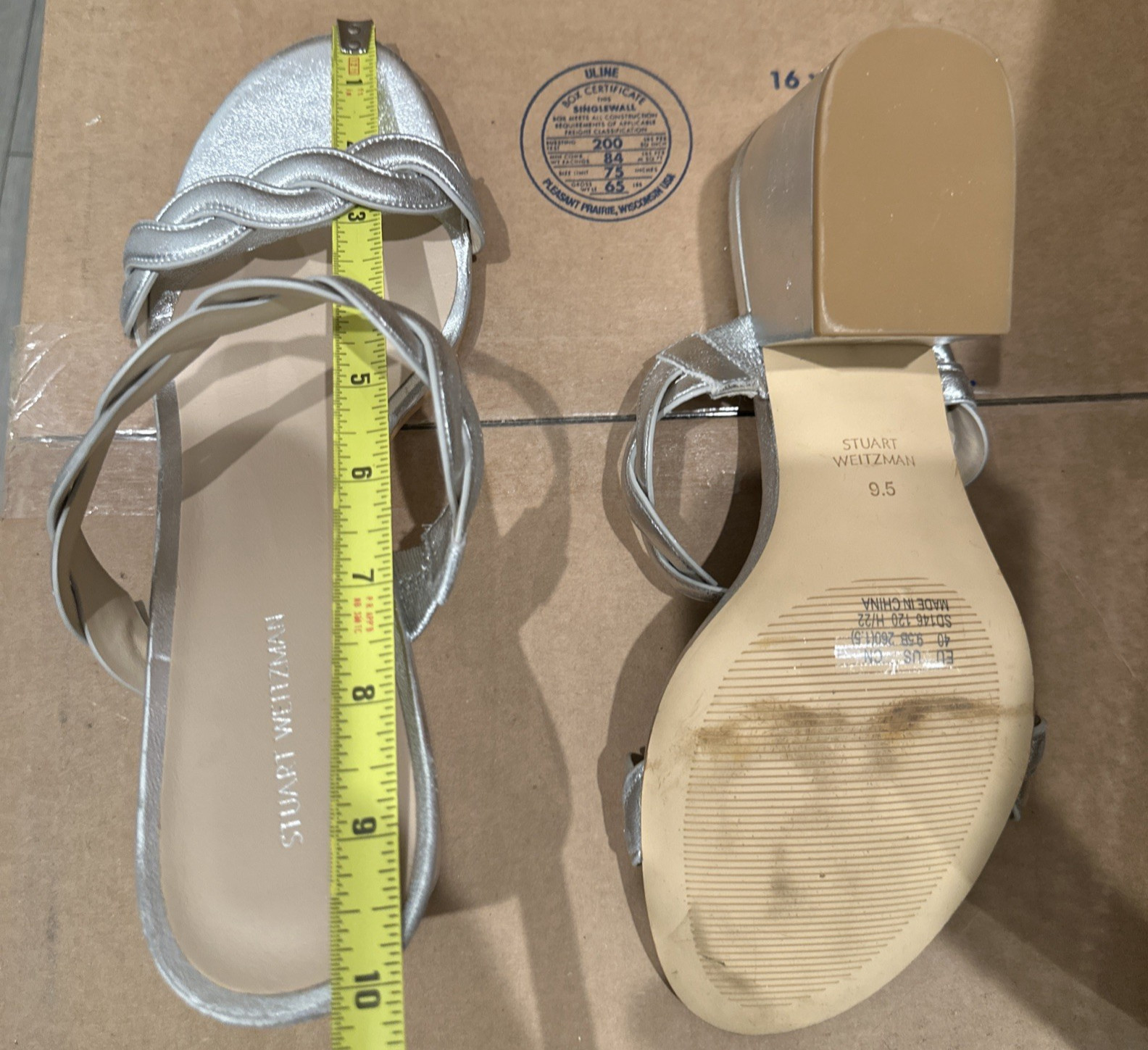 STUART WEITZMAN EU 40/ US 9.5 Twistie Block 75 Metallic Mule Platinum *FLAWED*