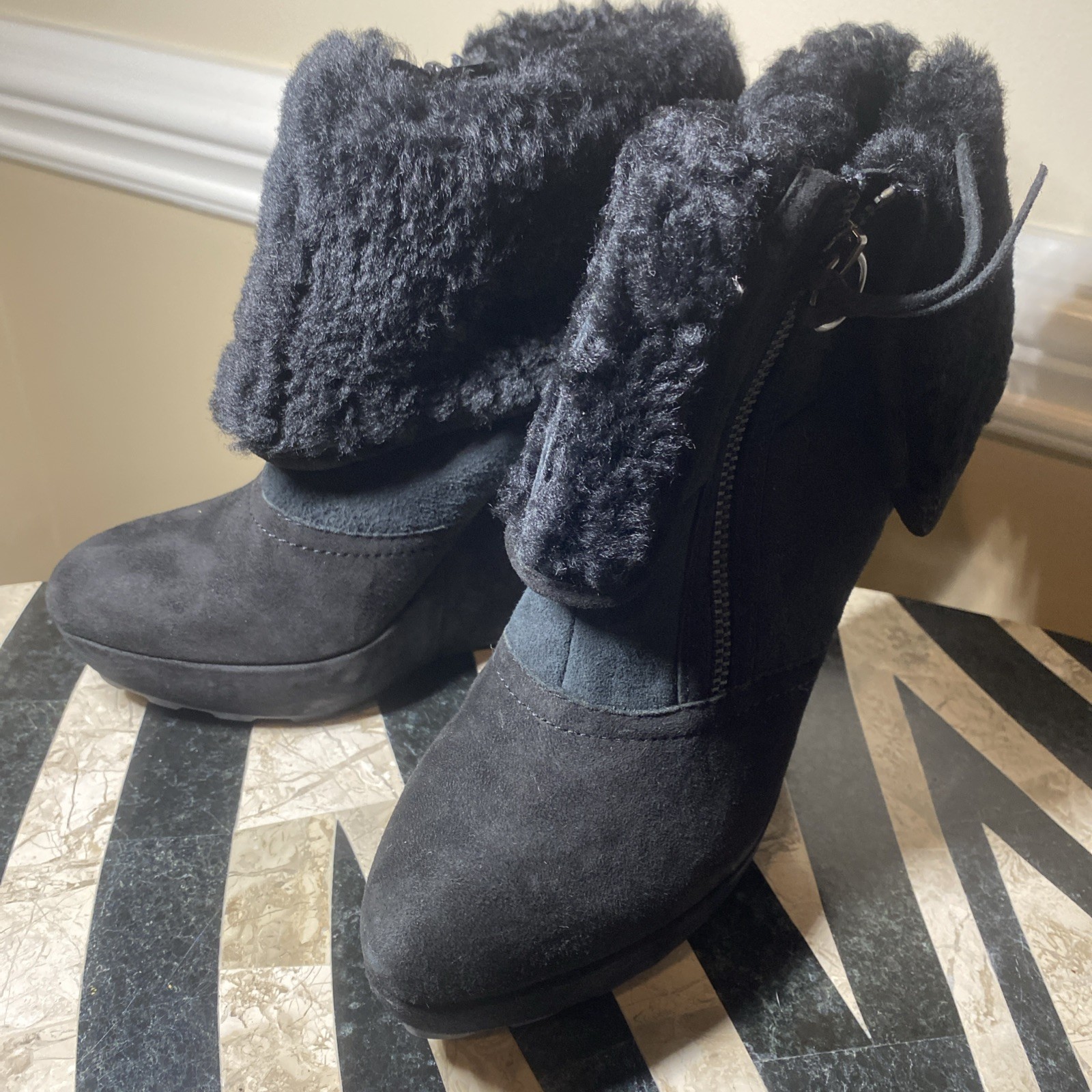 Ash Shearling Suede Wedge Lace-Boots Size 37 7 Y2K Vintage Boho Bohemian New