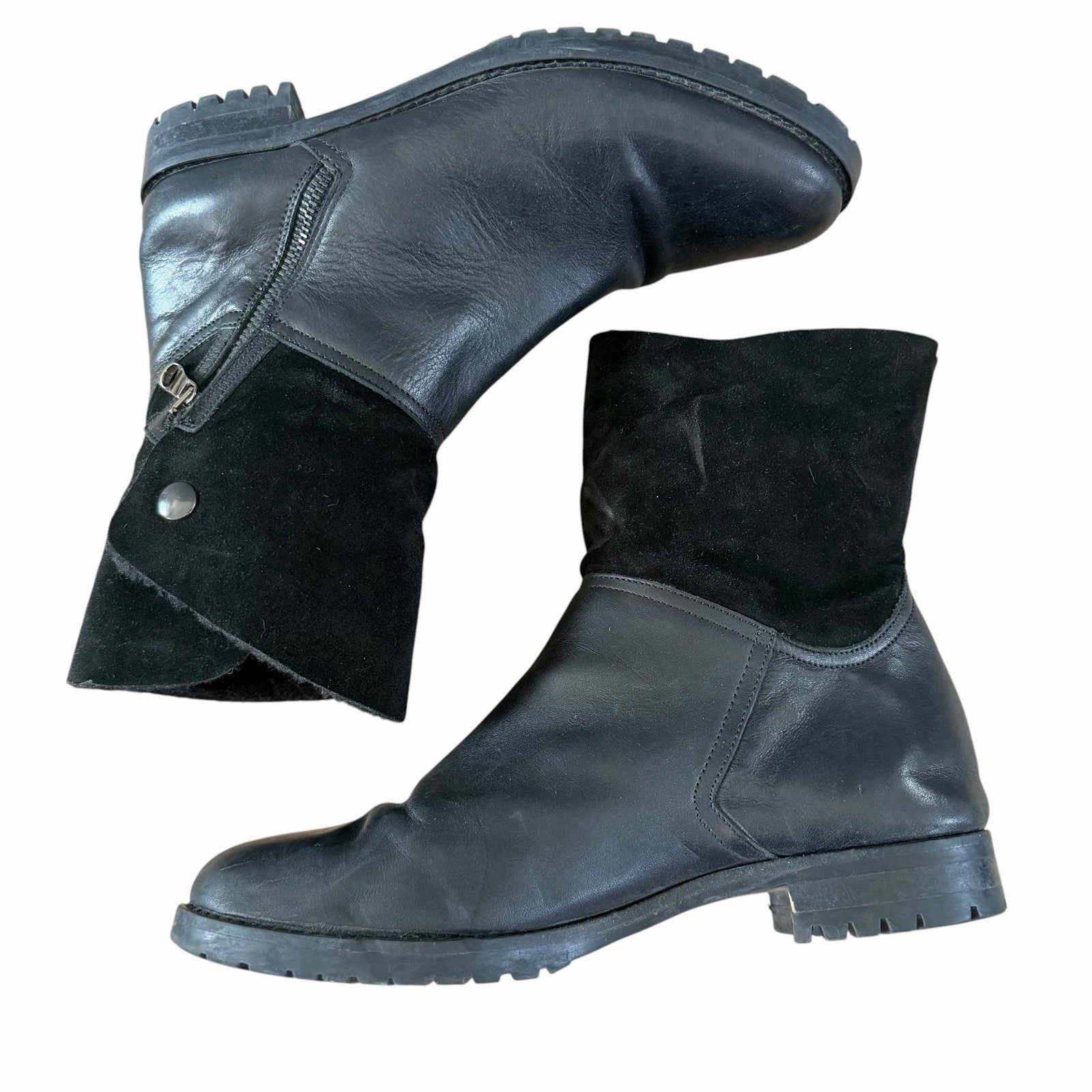 Fabianelli Black Leather Suede Faux Fur Boots Italy Womens 41 US 10 Moto Biker