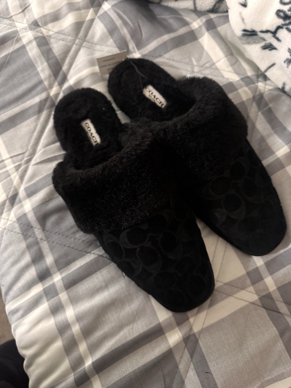 Coach CCX65 Women’s Black Suede Logo Faux Fur Lined Mule Slippers 9B