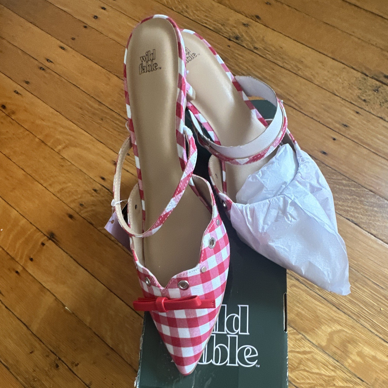 Wild Fable Women’s Red/White Gingham Slingback Heels Bow Buckle 9.5 NWB