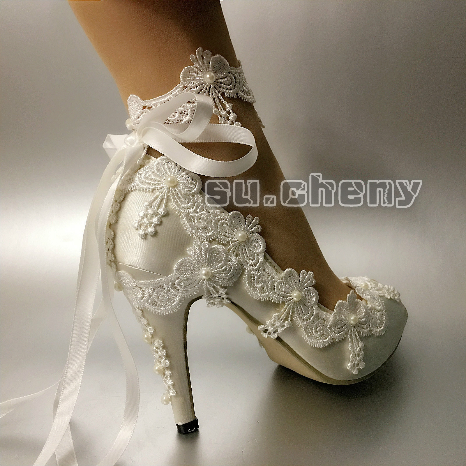 su.cheny Ribbon anklet white ivory satin open toe heel Wedding Bridal shoes size