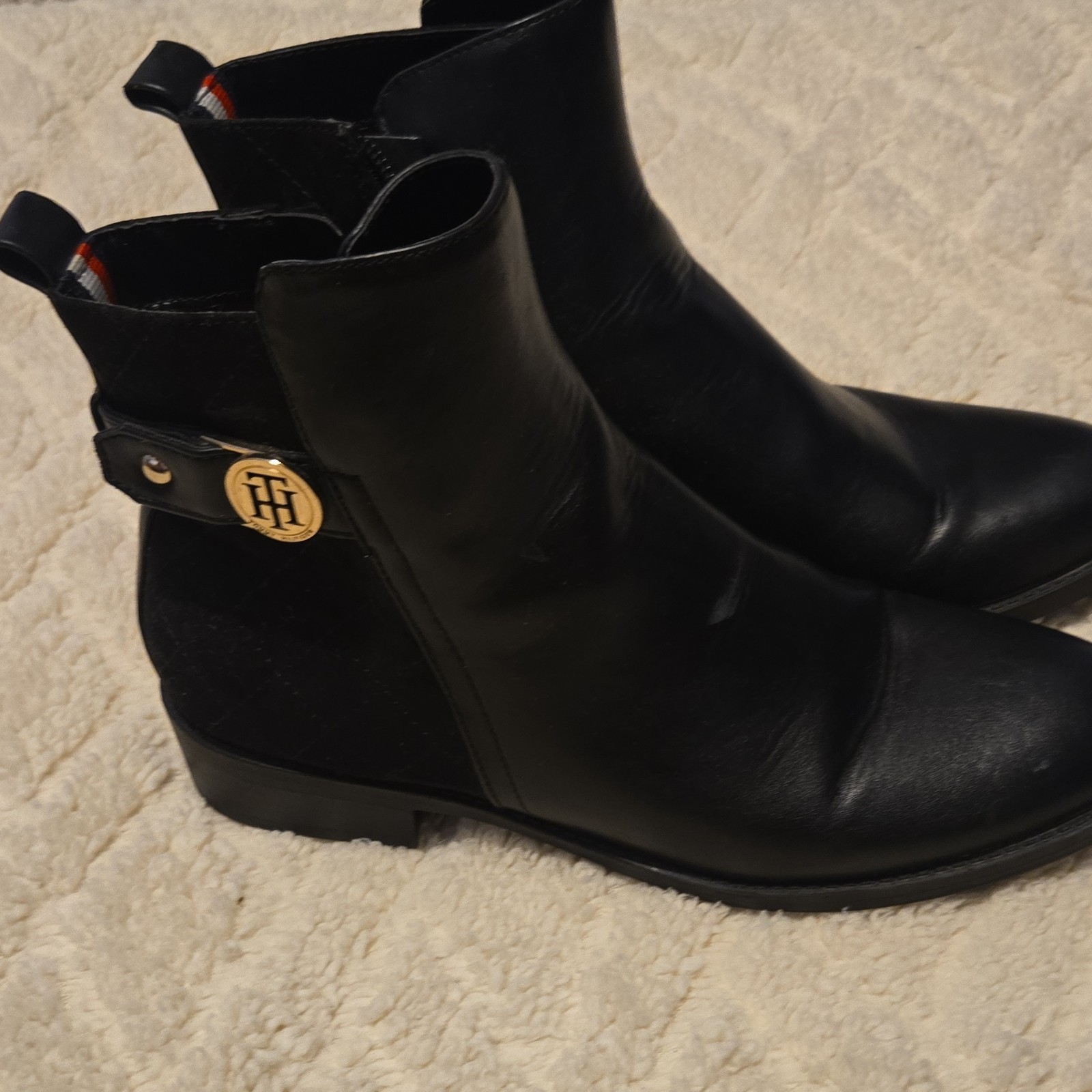 Tommy Hilfiger Black Leather Ankle Bootie with Logo, Zipper & Buckle Accents