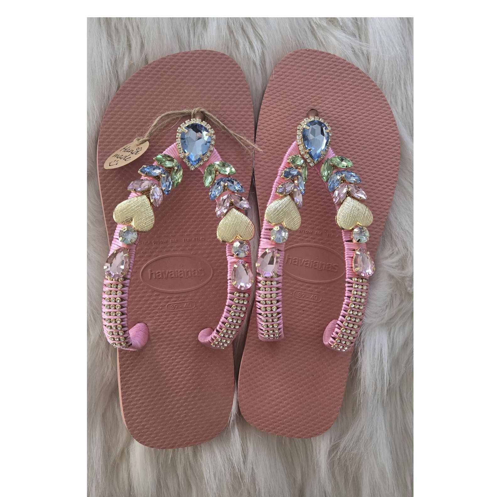 Havaianas Pink Beaded Rhinestone Heart Flip Flop Sandals Women’s AU Size 9
