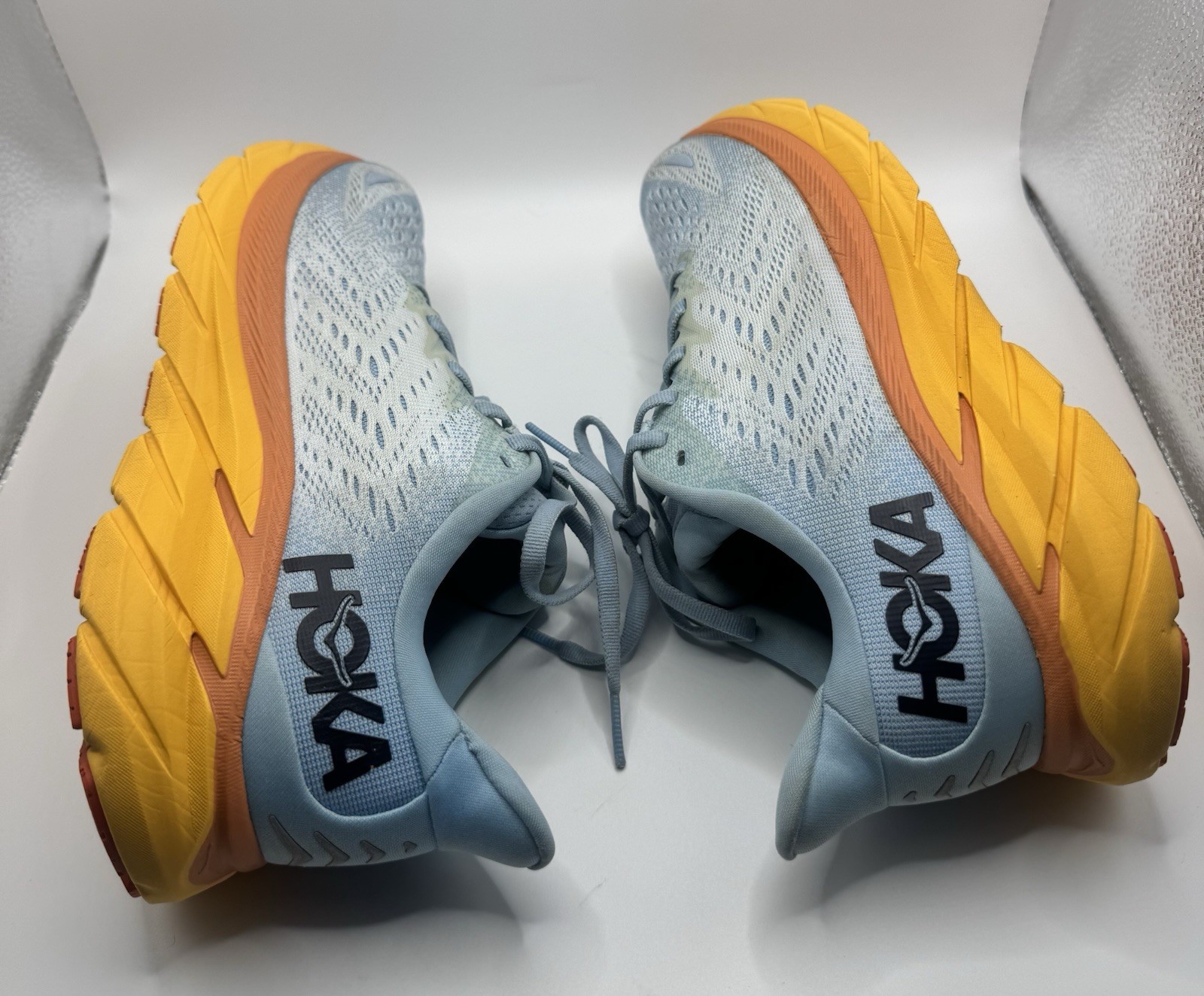 HOKA Clifton 8 Women’s Running Shoes L. Blue Orange Yellow Sneakers Size 7B US